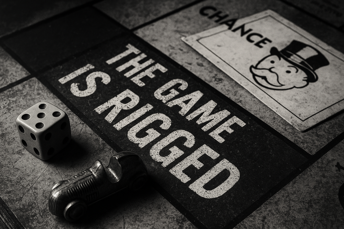 Black-and-white close-up of a Monopoly board with a “Chance” card and a metal car token beside a die, revealing the space marked: “THE GAME IS RIGGED.”