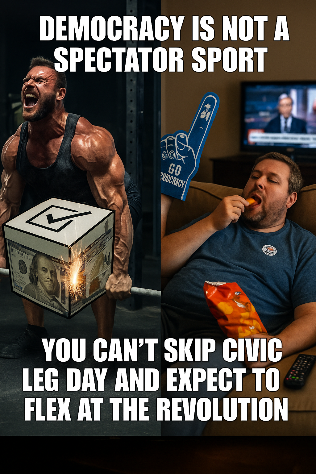 Split image: left shows a muscular man deadlifting a ballot box made of money; right shows a man on a couch eating chips with a foam finger. Caption: "Democracy is not a spectator sport."