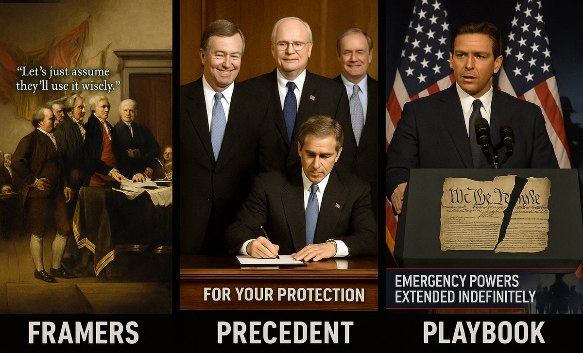 Triptych showing the U.S. Founders, Bush-era leaders, and DeSantis; critiques the erosion of democracy through emergency powers framed as protection, ending in authoritarian drift.