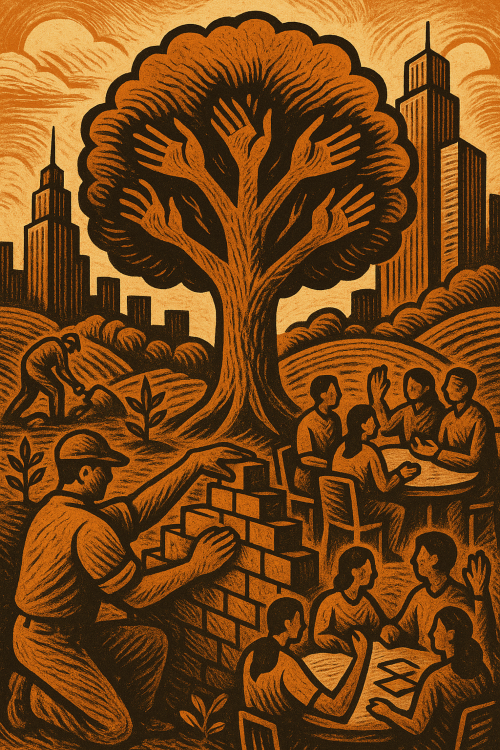 Illustration of community building: people planting, constructing, and collaborating under a symbolic tree with hand-shaped branches, set against a backdrop of nature and urban skyscrapers.