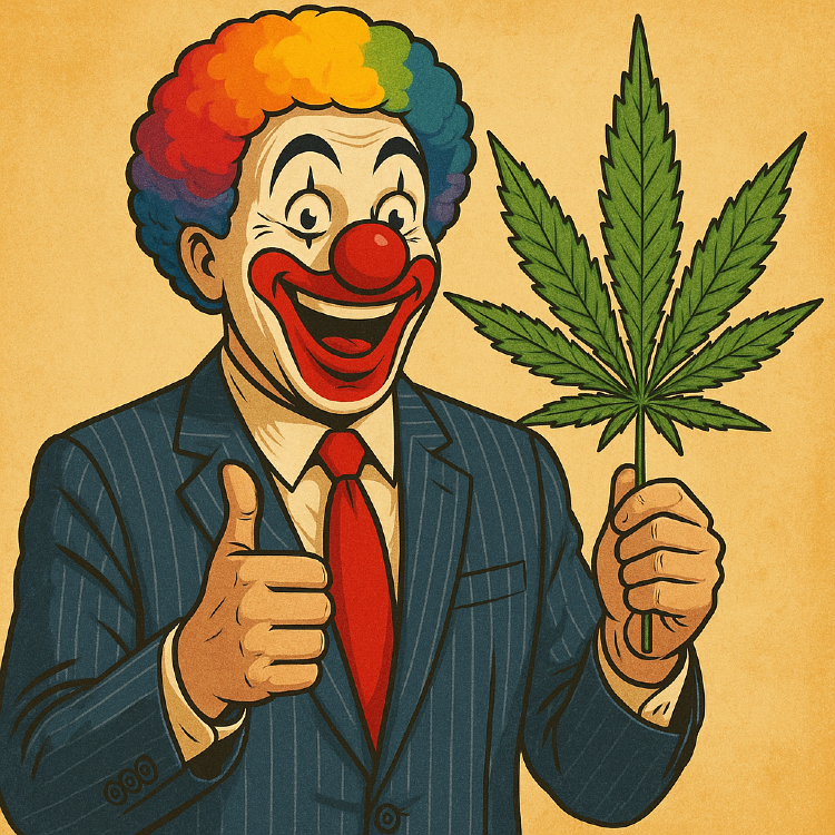 A grinning clown in a pinstriped suit holds a cannabis leaf and gives a thumbs-up—symbolizing the cartoonish corporate overreach of MSOs selling hype over substance in legal weed markets.