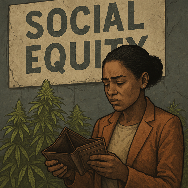 A woman stands with an empty wallet beneath a “Social Equity” sign, surrounded by cannabis plants, capturing the betrayal of justice promised but not delivered in the legal weed industry.