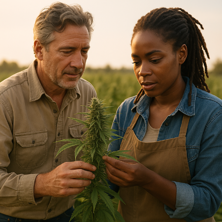 A pair of cannabis farmers examine a healthy plant at golden hour—symbolizing a shift from extractive profit models to regenerative, community-rooted cannabis practices.
