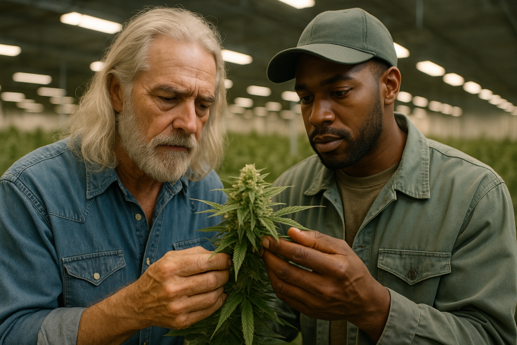 An elder grower and a younger cultivator inspect a cannabis plant inside a grow facility—symbolizing the intergenerational transfer of legacy cannabis knowledge often overlooked.