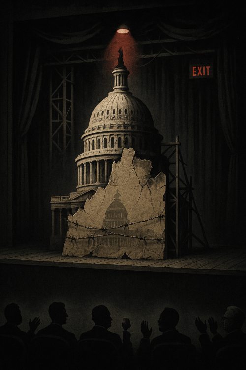 A decaying Capitol prop on a dark stage, held by barbed wire and scaffolding. A spotlight shines as shadowy elites applaud, revealing democracy as hollow performance and illusion.