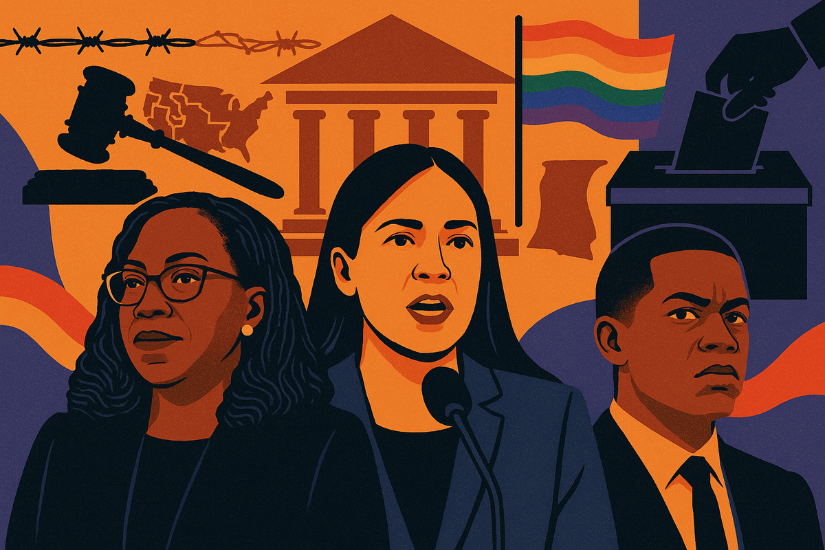 Three diverse political figures stand before symbols of law, voting, and protest. Behind them: barbed wire, a Pride flag, and maps—hinting at inclusion masking systemic exclusion.