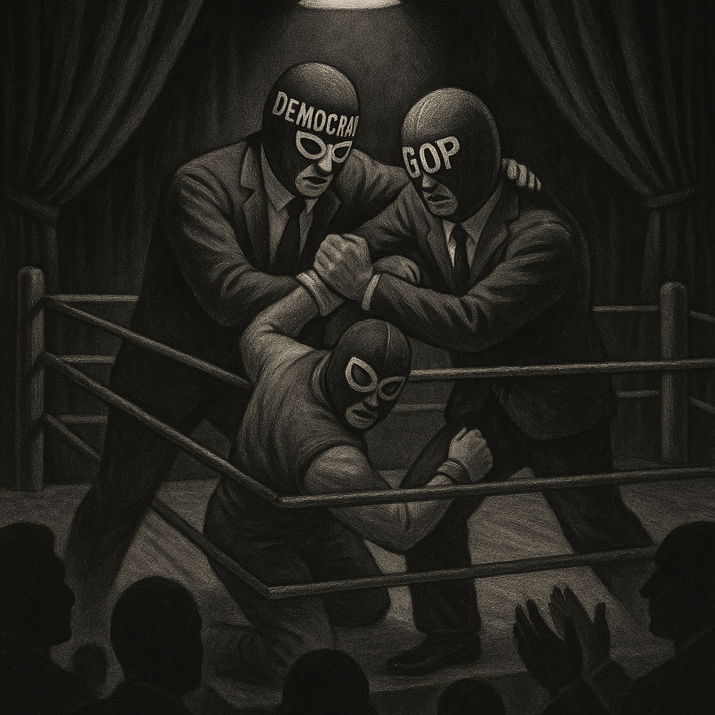 Masked wrestlers labeled “DEMOCRAT” and “GOP” grapple under a spotlight in a dark ring, performing conflict as a seated audience watches—capturing the illusion of political opposition.