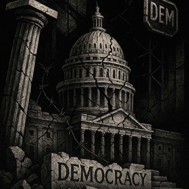 A crumbling Capitol dome sits atop fractured pillars and a cracked foundation labeled “DEMOCRACY,” wrapped in barbed wire, symbolizing systemic decay built directly into American governance.