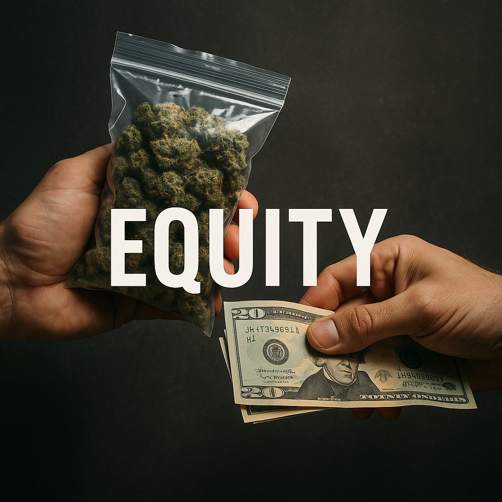 A photorealistic image of two hands exchanging cannabis for cash, with bold white text reading “EQUITY” overlaying the dark, moody background.