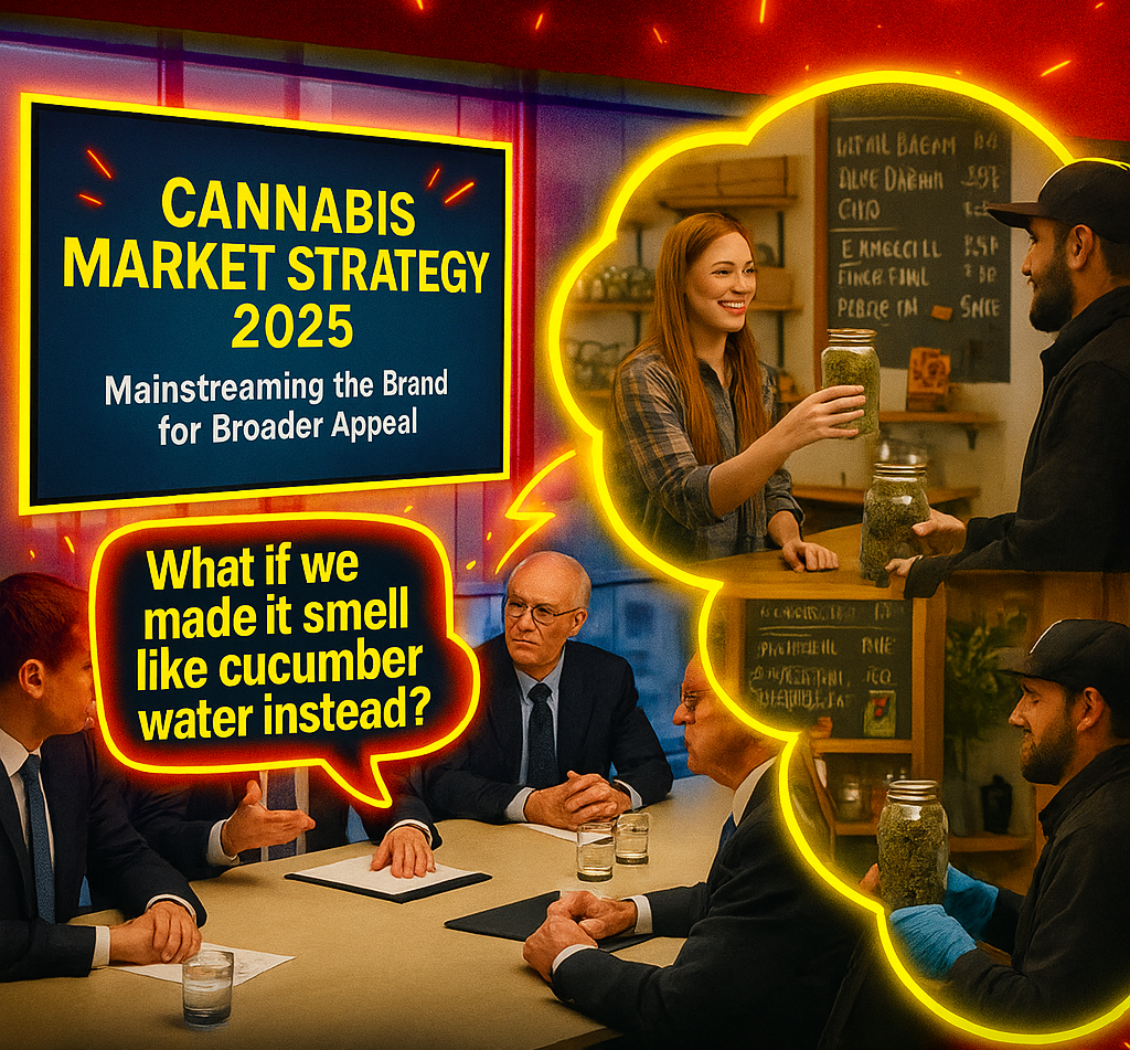 Corporate execs pitch a cannabis strategy while imagining a real dispensary scene with a friendly budtender.