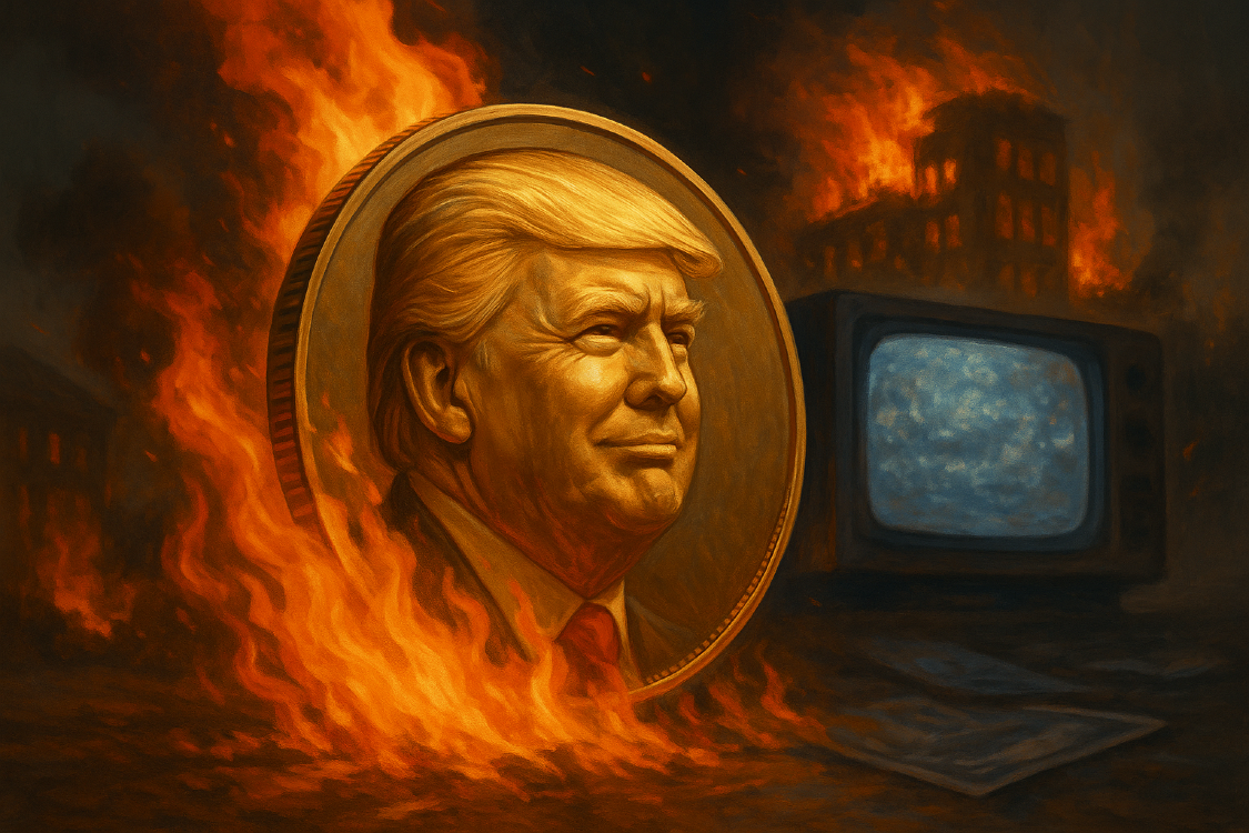 A flaming gold coin bearing Trump's likeness burns amid a collapsing cityscape, with a static-filled TV nearby—symbolizing political grift, media spectacle, and commodified belief.